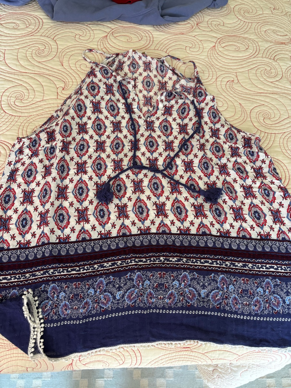 C Women's Printed Tassel Tie Tunic in White, Navy and Red